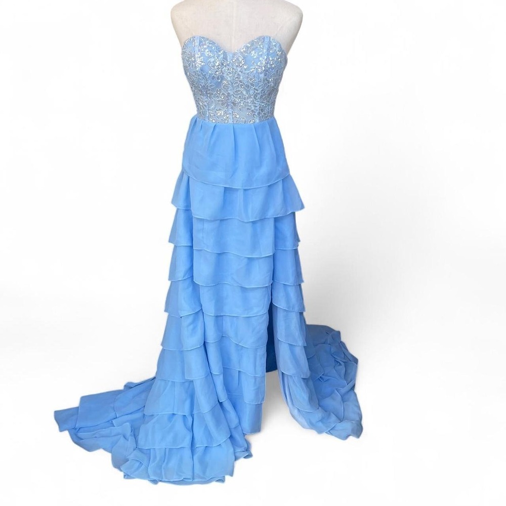 Light Blue‎ Sequined Lace Tiered Ruffle Prom Dress Strapless Corset Gown Size 2